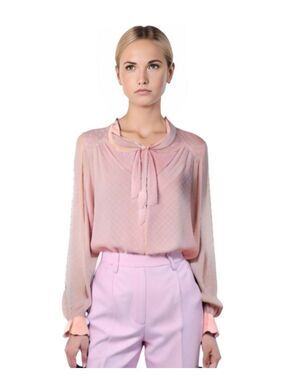 Blu Pepper Light Pink Swiss Dot Long Sleeve Bow Blouse Top